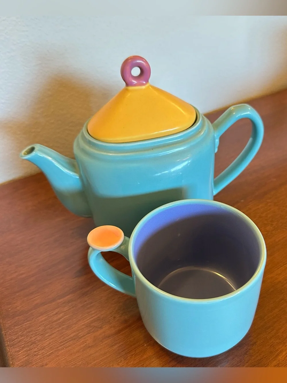 Lindt-Stymeist Ceramic Teapot and Mug Set Turquoise, Yellow, Periwinkle & Rose